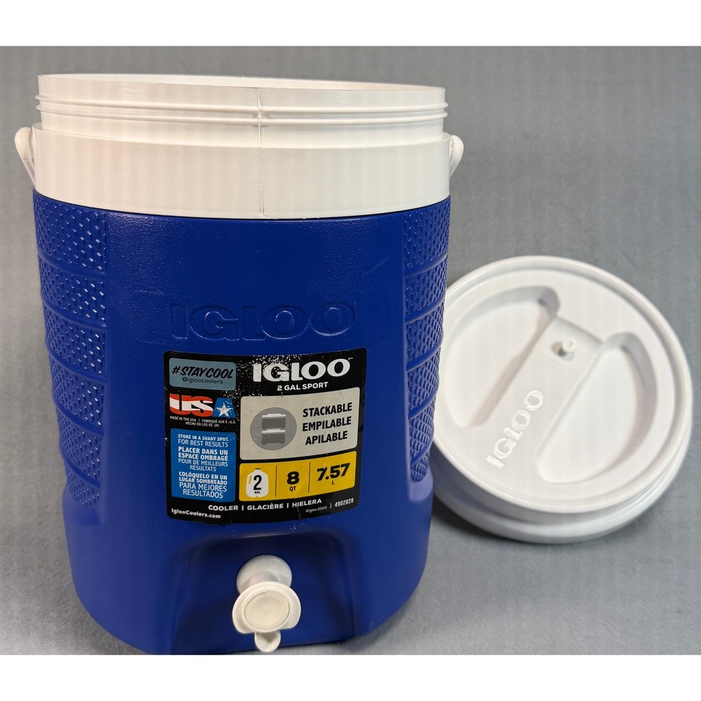 Igloo 2 Gallon Sport Water Jug Cooler Stackable Blue White Beverage Dispenser